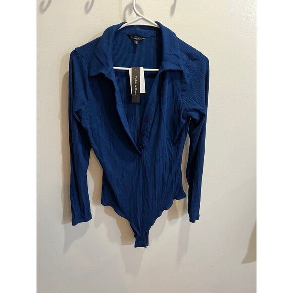 Violets & Roses NWT Blue Ribbed Knit Long Sleeve Bodysuit Fall Chic Minimalist - Picture 4 of 11